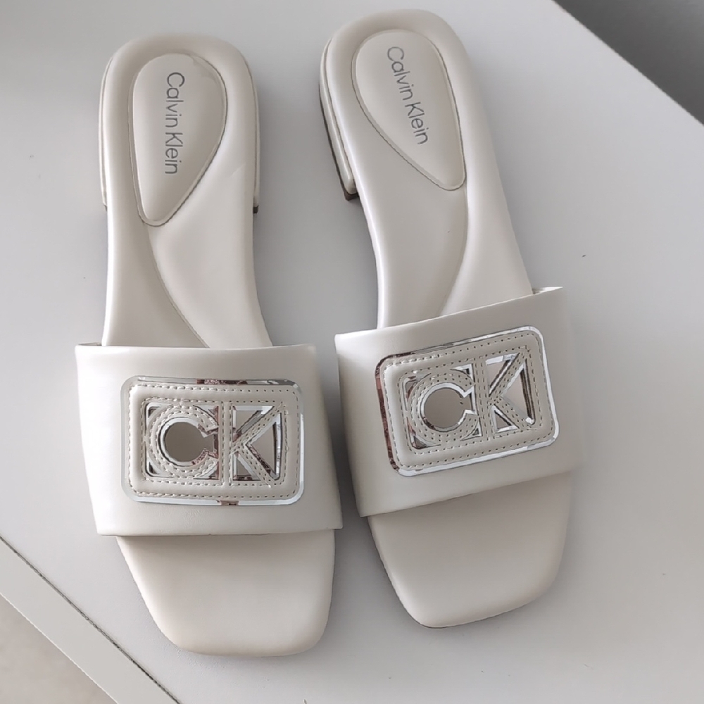 Calvin Klein Cream Slide Sandals with Metallic Buckle